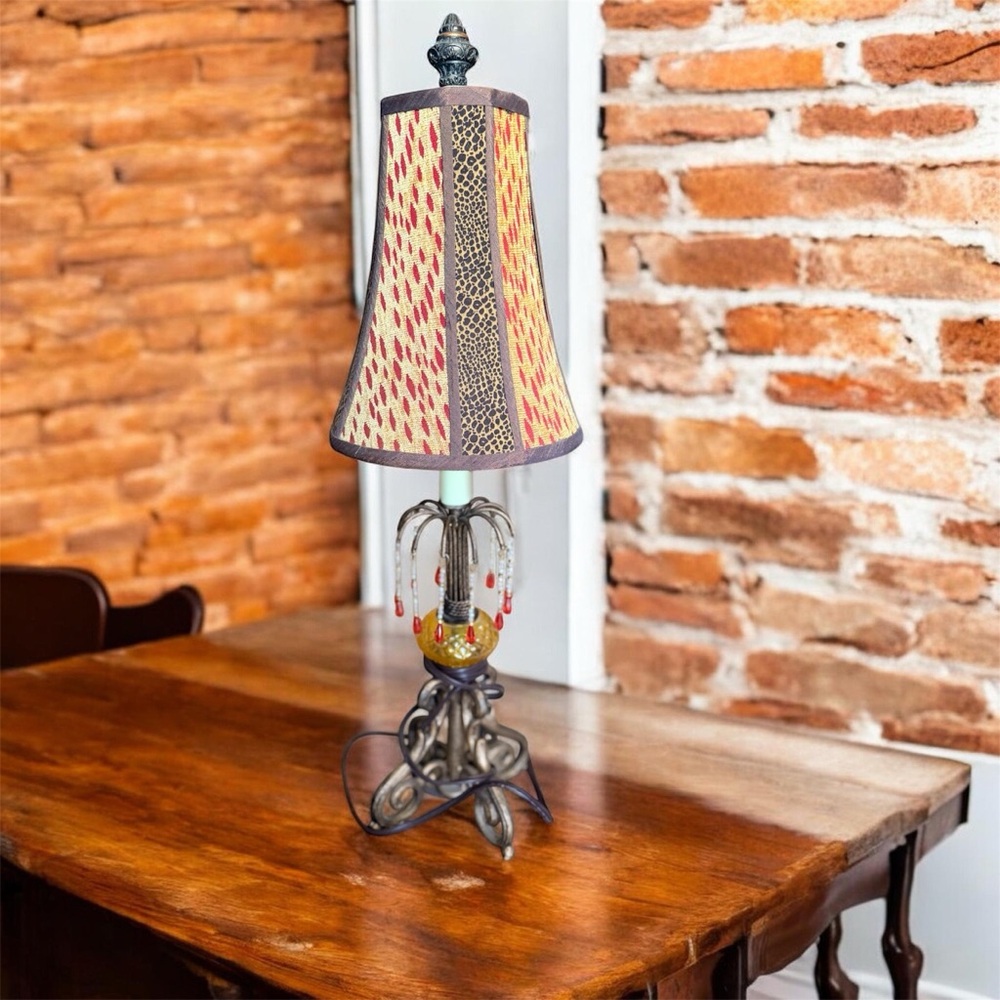 Eclectic Patterned Table Lamp with Beaded Accents - Yellow & Red